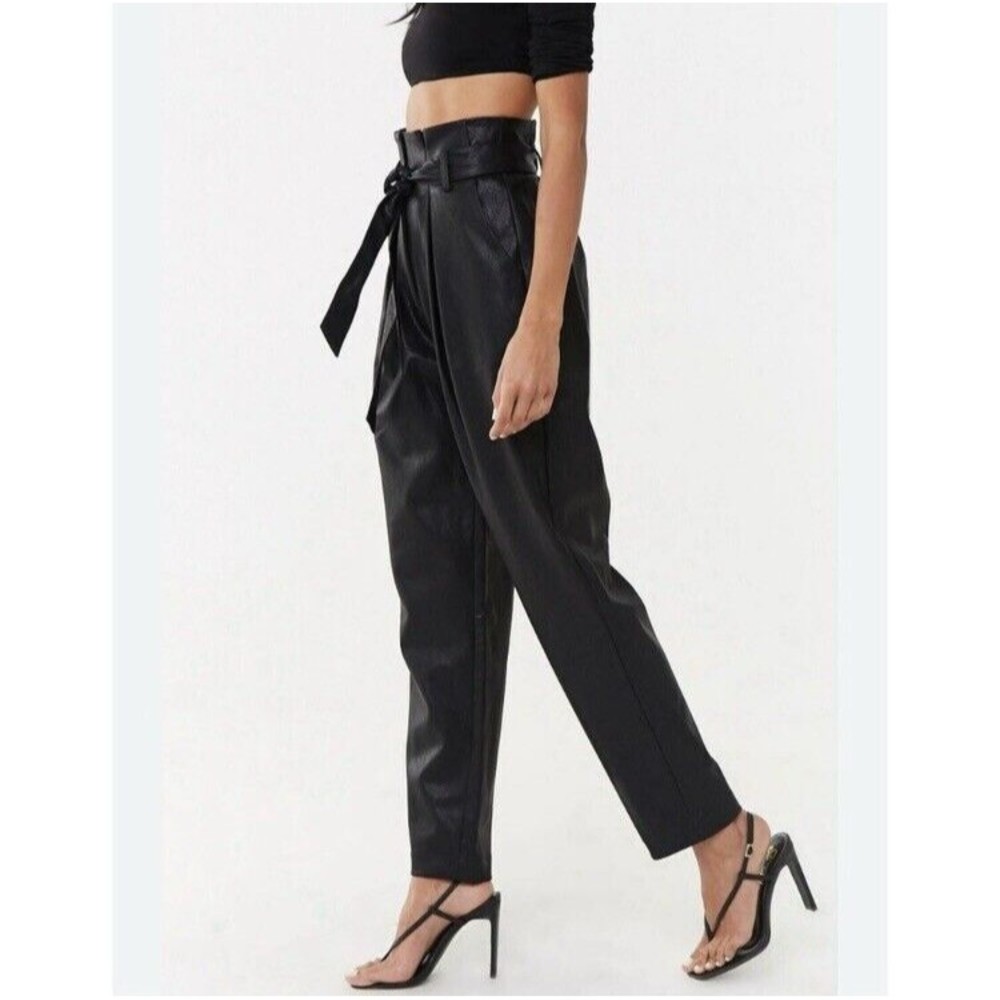 New York And Company Black High Waisted Faux Leather Trousers Tie Waist Size XL